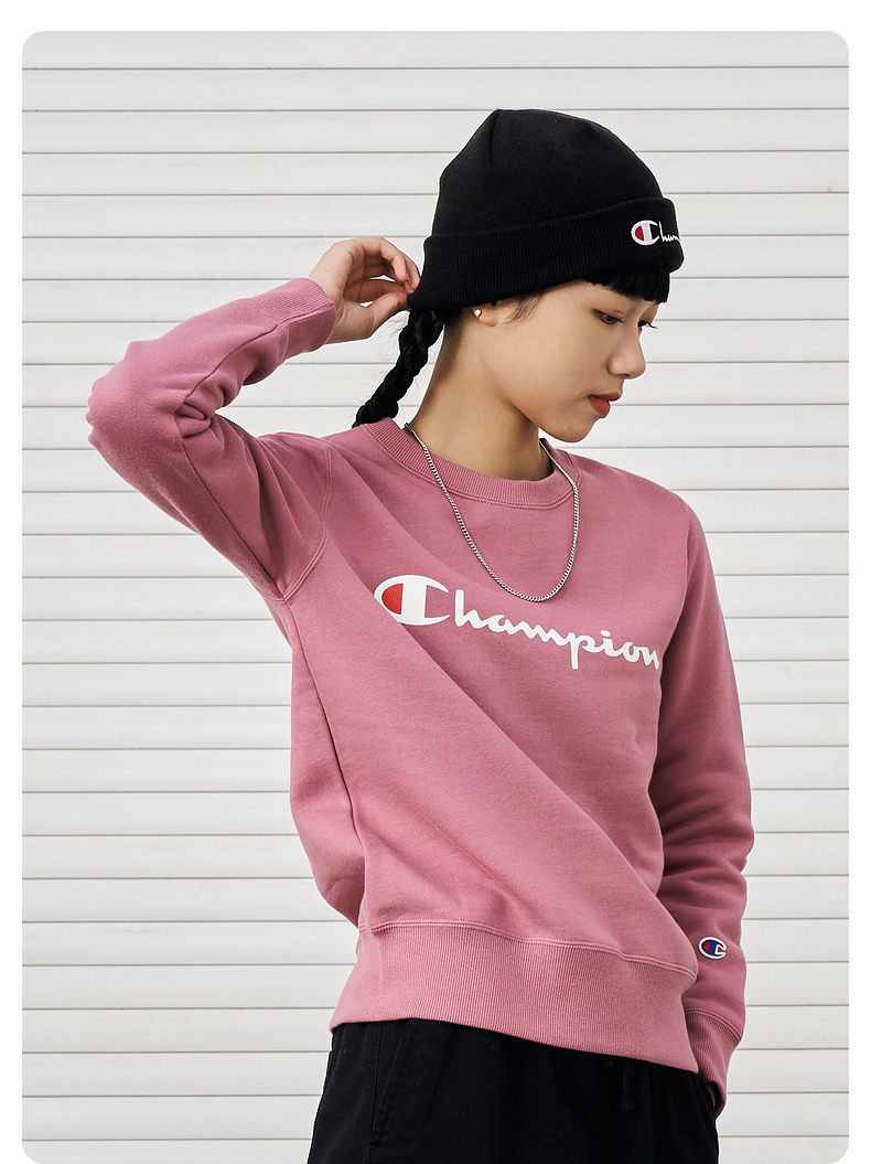 冠军2021年秋冬全棉新款女士加绒加厚印花草写logo套头无帽卫衣 粉色