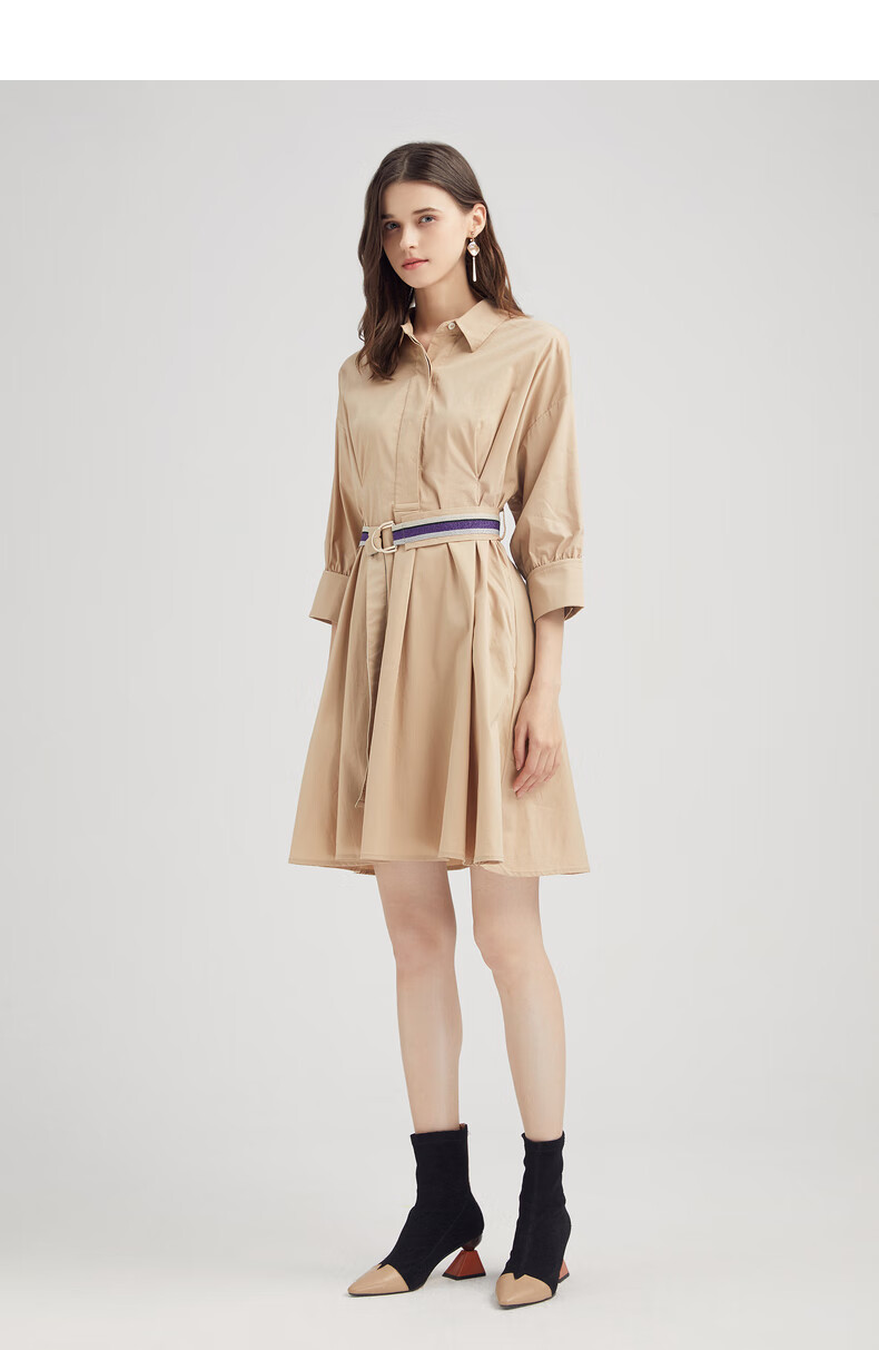 xg雪歌雪歌中长款连衣裙女卡其色春装新款七分袖高腰修身显瘦外套薄款