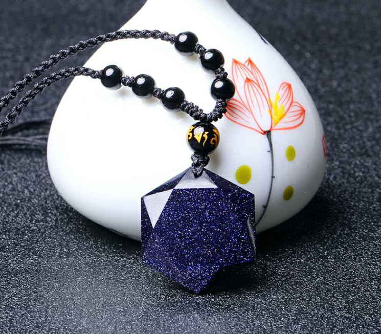 黑曜石六芒星吊坠灵摆能量石蓝砂石项链男星空石水晶挂坠饰品女潮黑曜