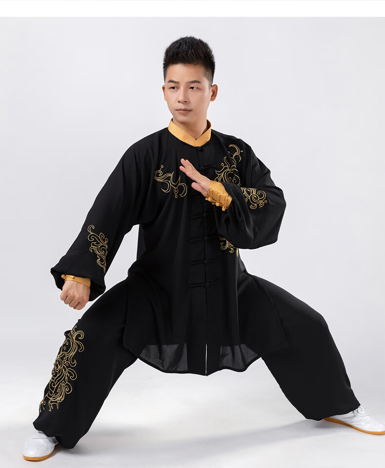 湛泸高档刺绣太极服男女同款武术功夫练功表演服套装男女团体 黑色 m
