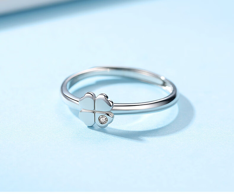 风食指环ins小众设计 幸运四叶草戒指(白金色镶钻石)【礼盒】【图片