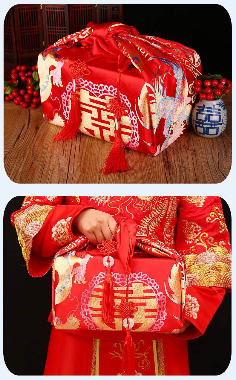 结婚包袱皮思泽结婚包袱皮双层婚庆用品刺绣新娘陪嫁包袱大红烫金喜盆