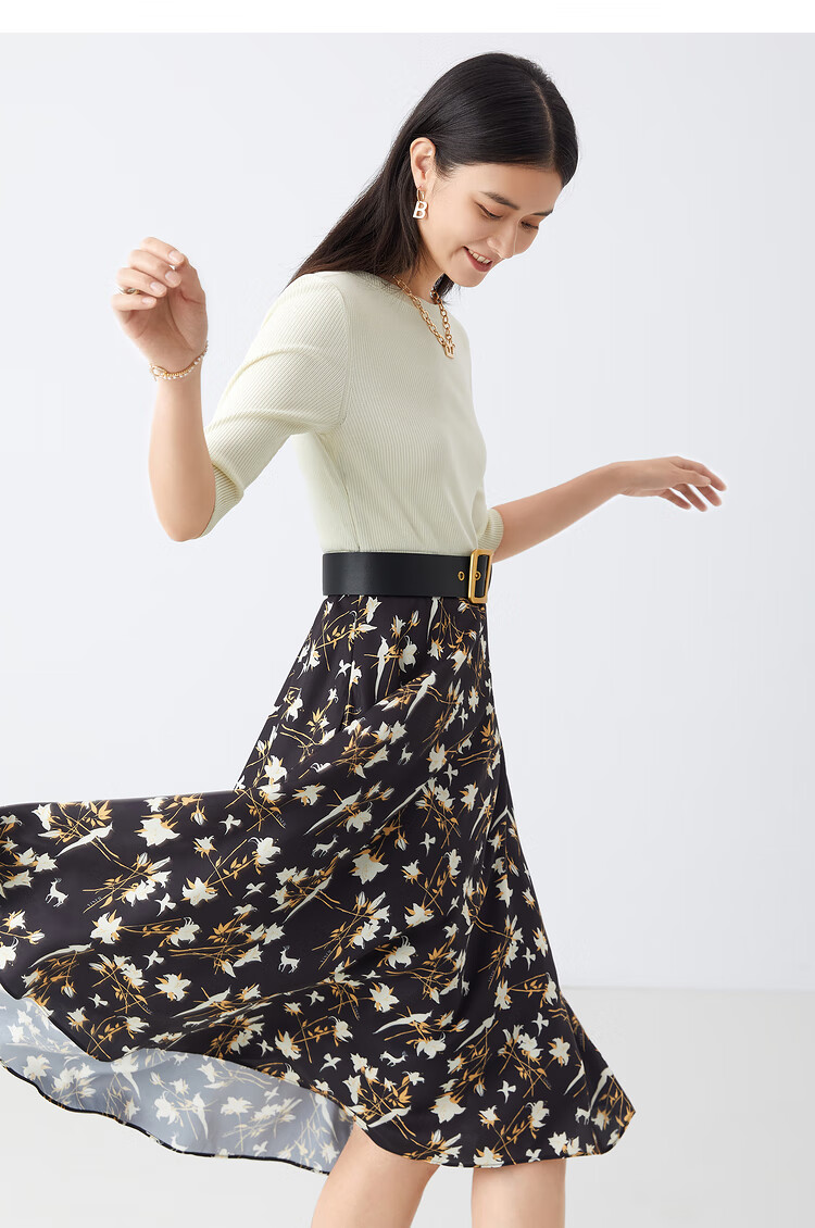 yiner音儿女装夏季新款拼接收腰印花连衣裙黄色46