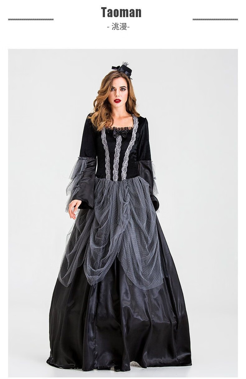欧洲宫廷皇室皇后礼服黑色公主长裙中世纪舞台演出服万圣节女巫装【11