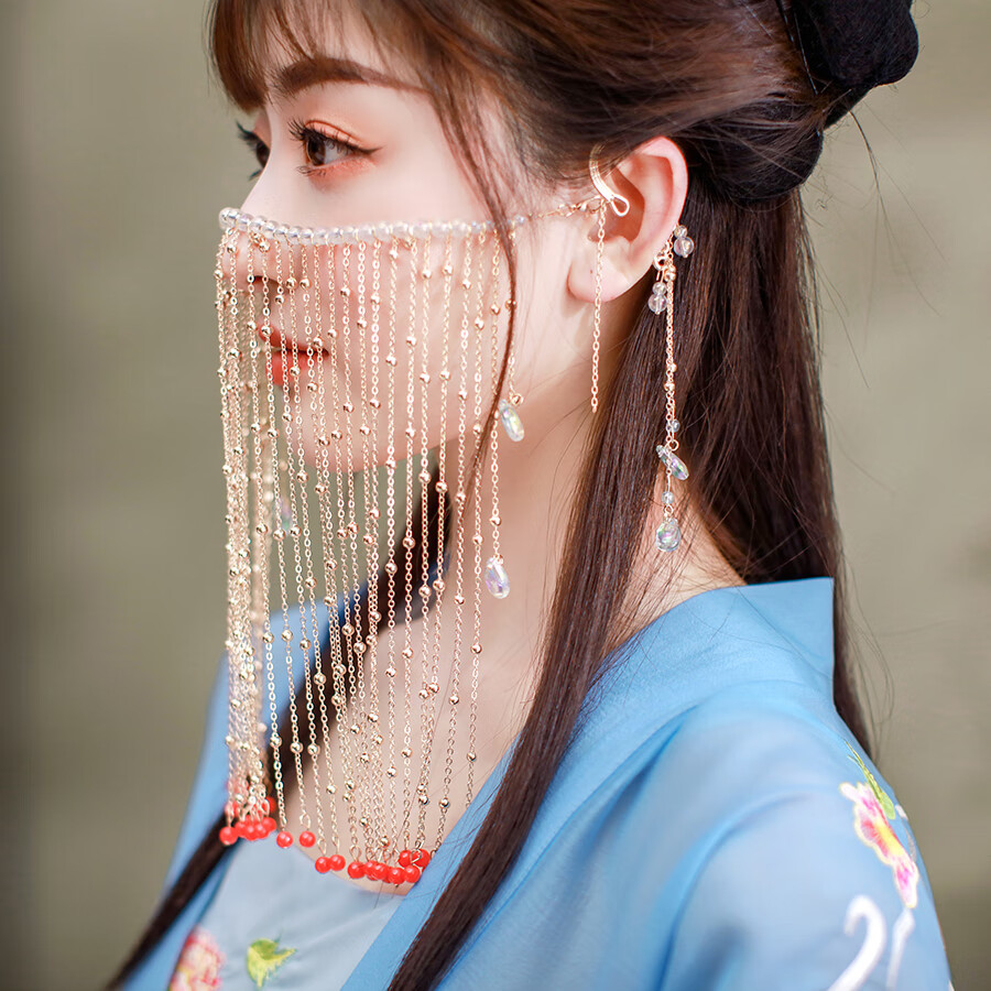 古风汉服发饰遮面帘面纱流苏挂耳古装遮脸全套女步摇头饰超仙金色