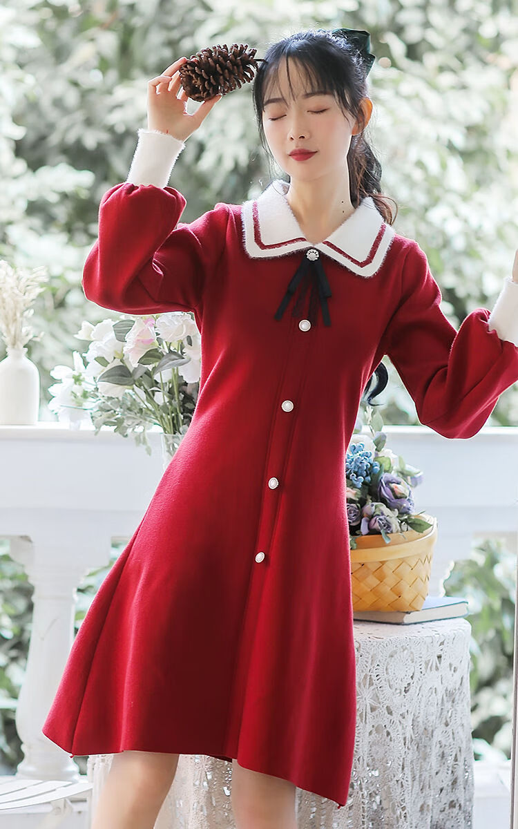 毛衣冬裙裙子长裙过年衣服初中生高中生大学生青少女靓女小仙红色l