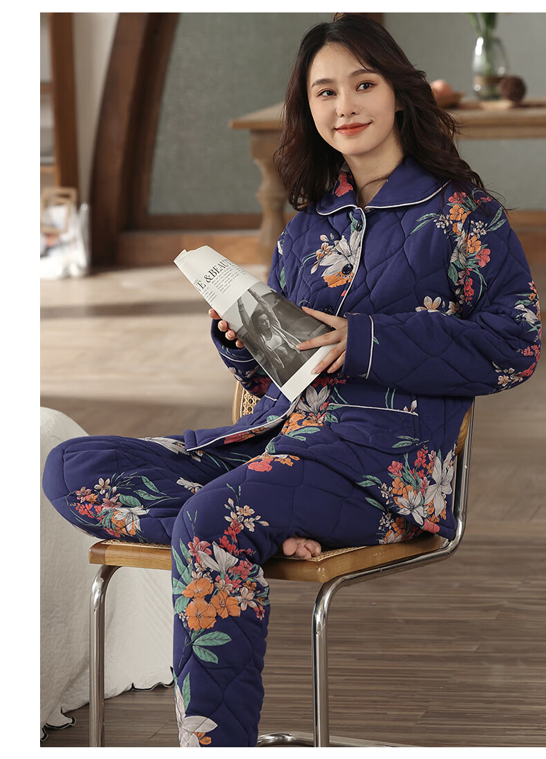 多俏美秋冬季睡衣女纯棉夹棉冬款三层保暖加厚棉服家居服套装女全棉袄