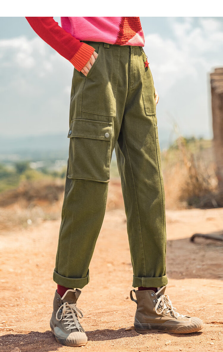 茵曼2019冬装新款红军系列纪念版军绿色宽松半橡筋休闲长裤女【1894sh