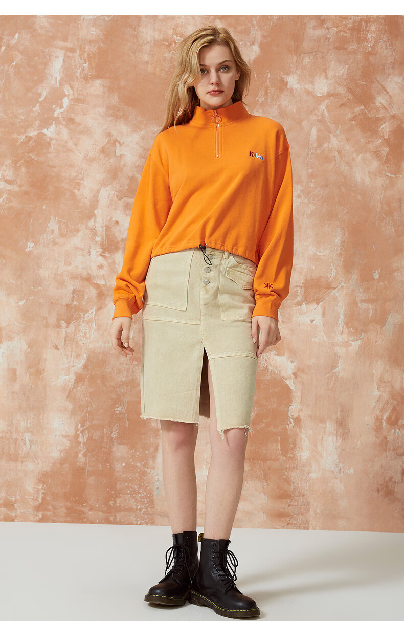 卡玛2020年秋季新品立领长袖时尚logo拉链上衣潮流卫衣女7419670 橙色