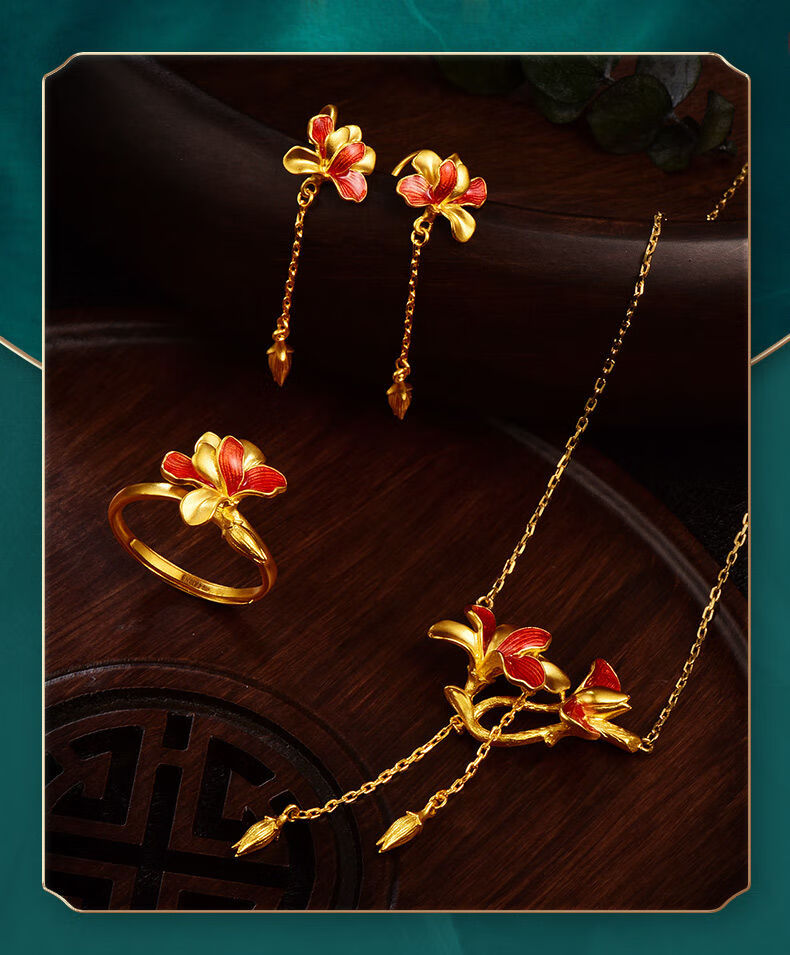 年货节 黎丝莱顿古法黄金耳钉足金999珐琅兰花耳坠xyj