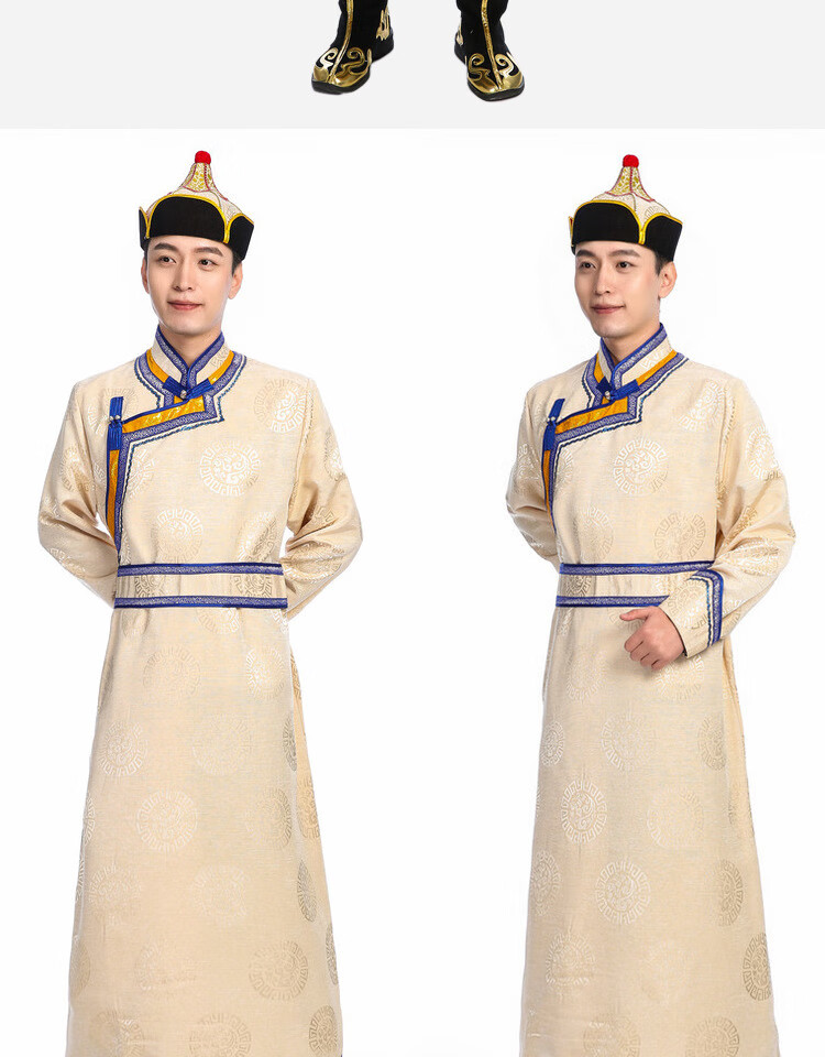 蒙古族服装男新款男士蒙古袍藏族舞蹈表演出服礼仪少数民族服饰 浅