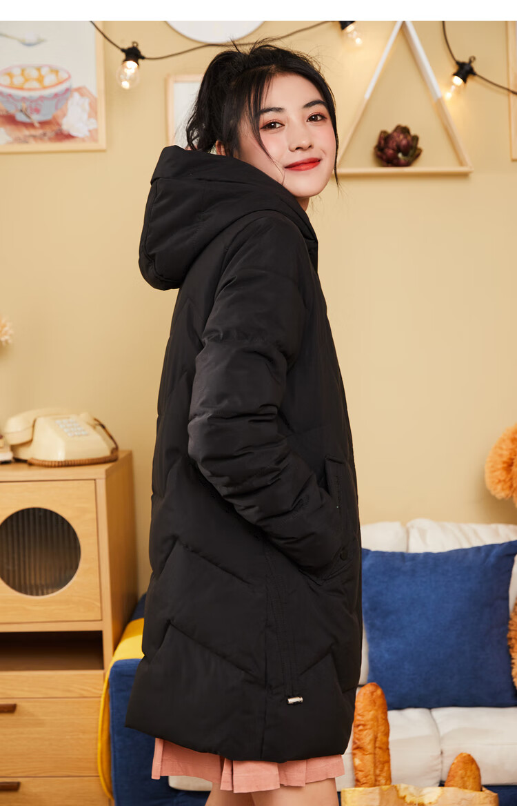 快鱼冬季厚款女士长袖外套2020韩版连帽中长款保暖棉服女10u5012 黑色