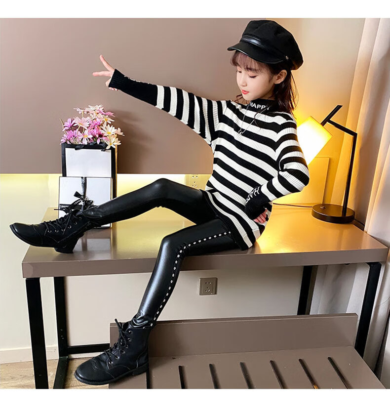 泡泡橙 童装女童皮裤加绒秋冬外穿打底裤2020新款儿童洋气百搭裤子