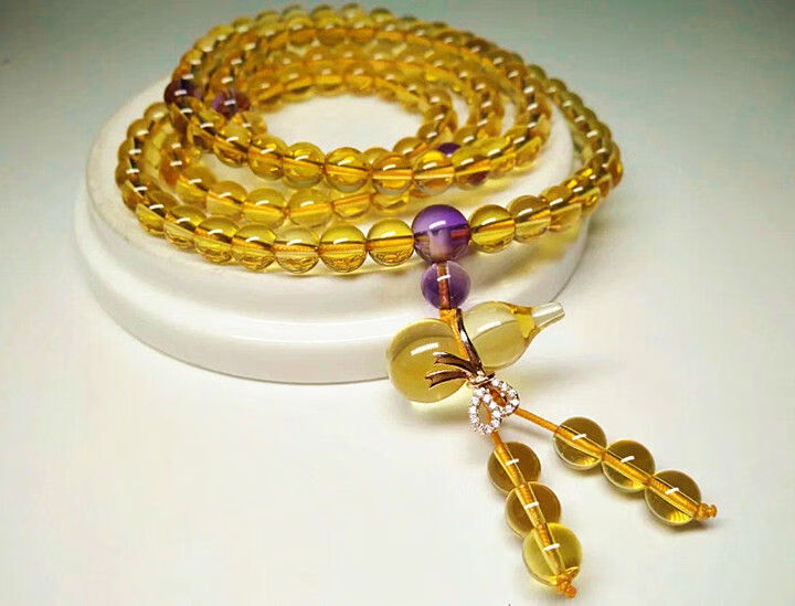 情冰天然黄水晶手链男女多圈108颗佛珠念珠个性手串葫芦b款福禄款