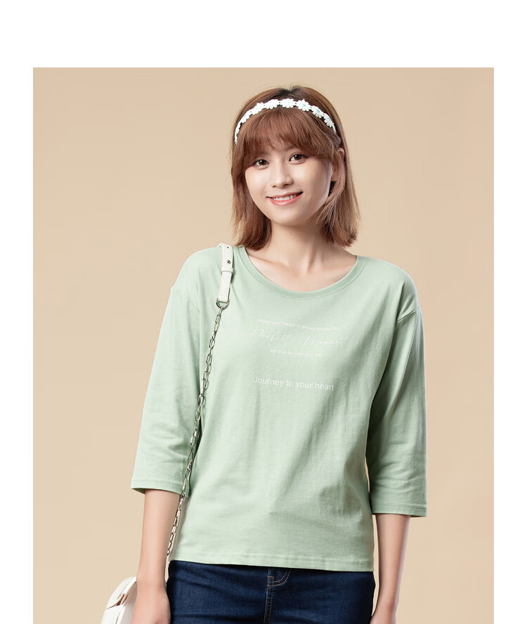 真维斯女装 春装 平纹圆领印花合身型中袖t恤 黑色8010 l