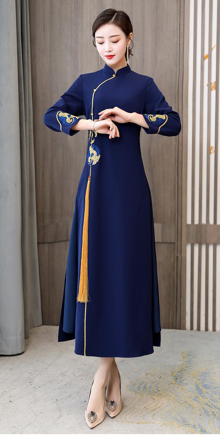 秋冬款民国风旗袍秋冬年复古女装中国风改良唐装汉服禅意连衣裙蓝色l