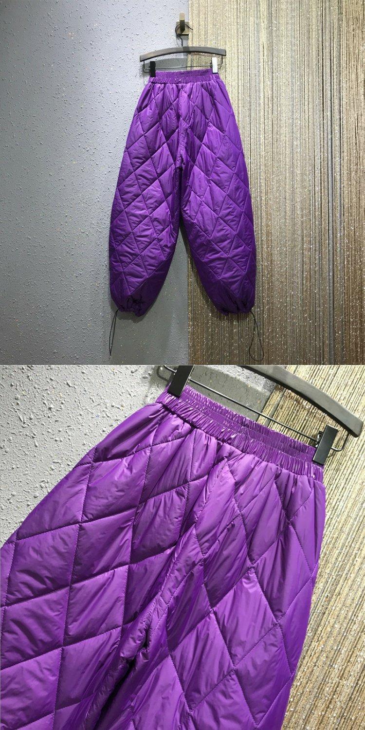 2020冬新款松紧腰宽松大码菱格夹棉保暖加厚束脚哈伦裤女棉裤 紫色 m