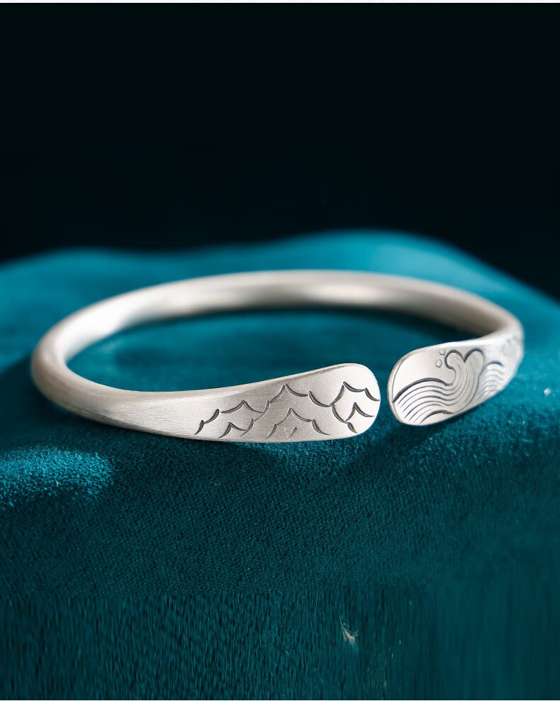 宫之瑄999银手镯女年轻款开口哑光老式山海如意手镯送女友礼物生日