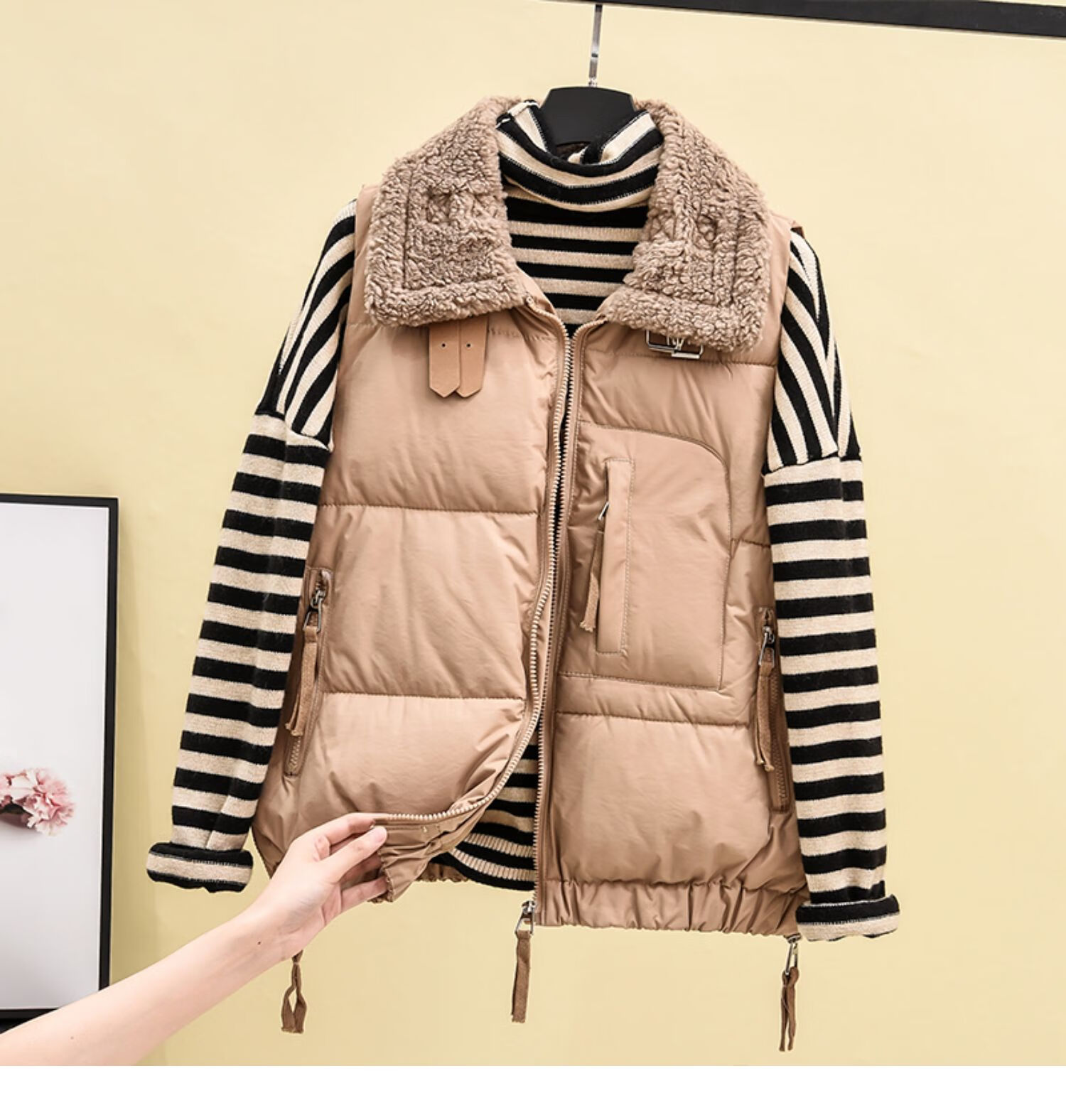 雅鹿羊羔毛拼接棉马甲女2021年秋冬新款韩版背心马夹宽松坎肩外套