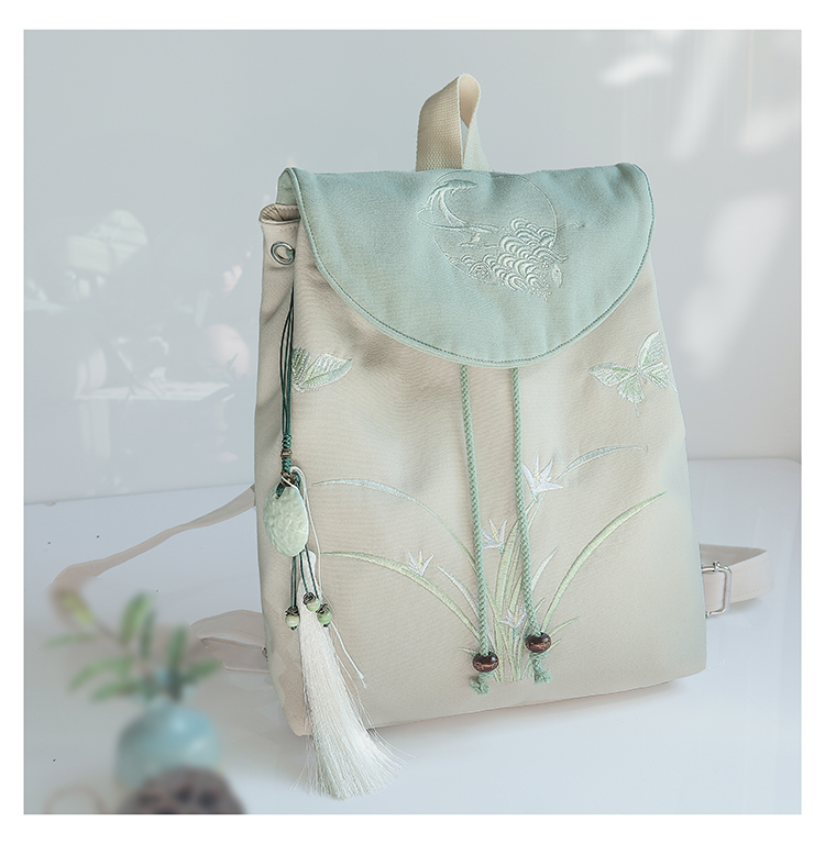 民族古风汉服森系文艺刺绣抽绳帆布双肩背书包女青绿鱼荷刺绣背包绿拼