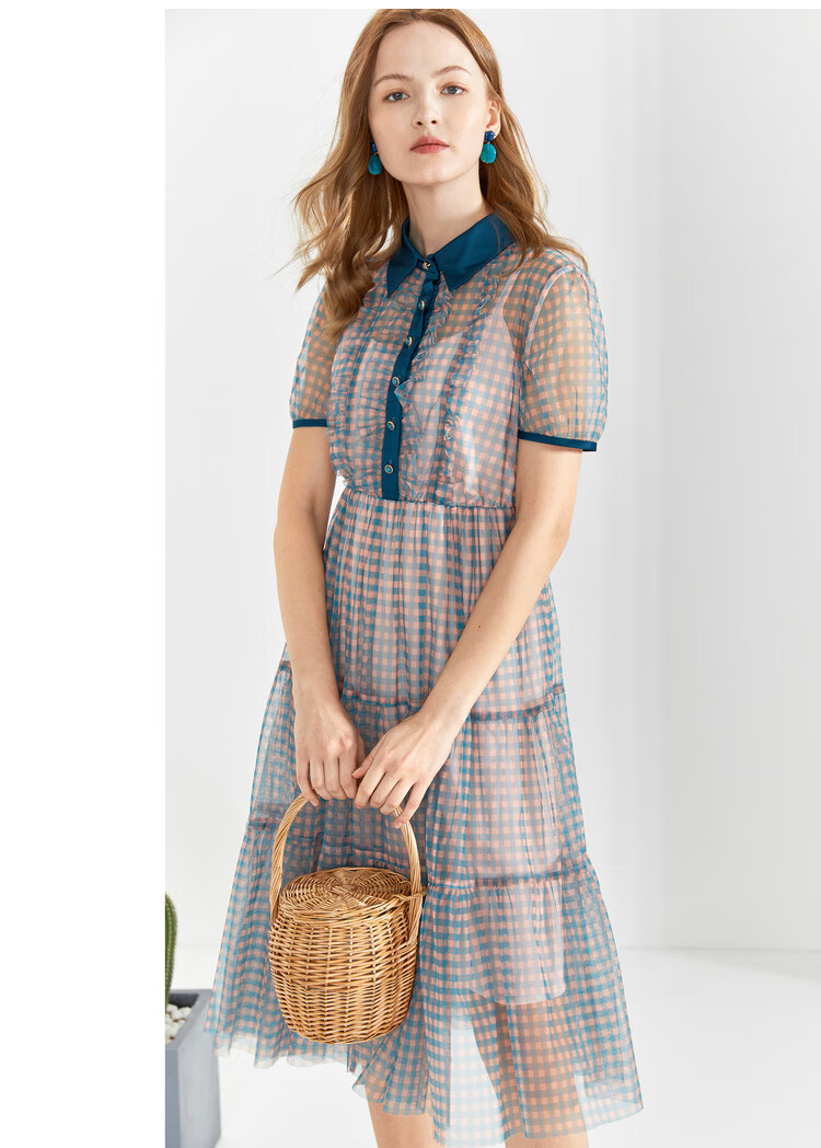 yiner音儿女装2020夏季新款时尚polo领短袖收腰格纹连衣裙 蓝色 42