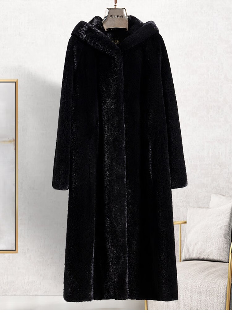 彩羊品牌115c过膝进口天鹅绒貂皮大衣女整貂长款带帽高端水貂皮草外套