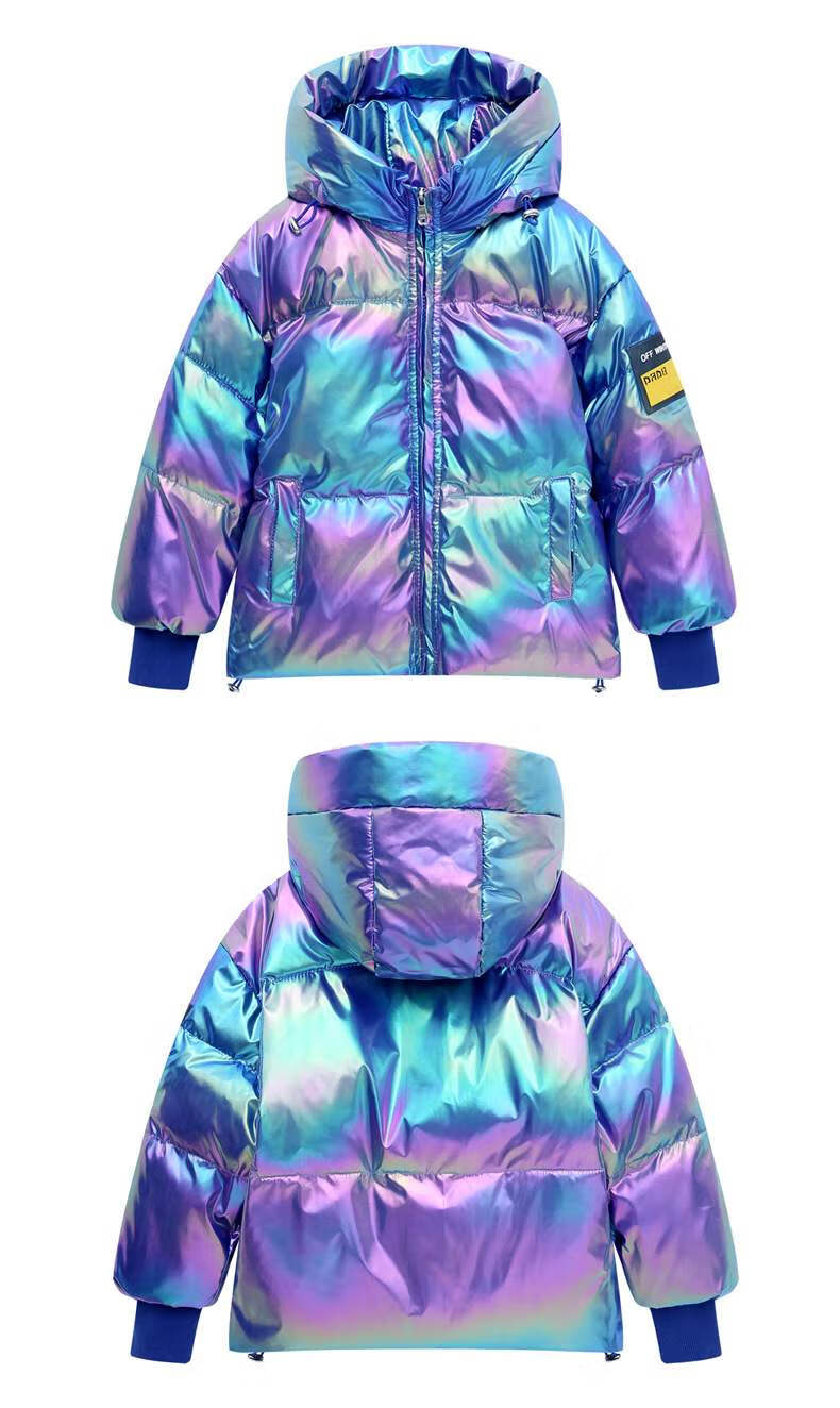 迪士尼小孩子穿的2020新款炫彩镭射免洗亮面儿童羽绒服男童女童90白