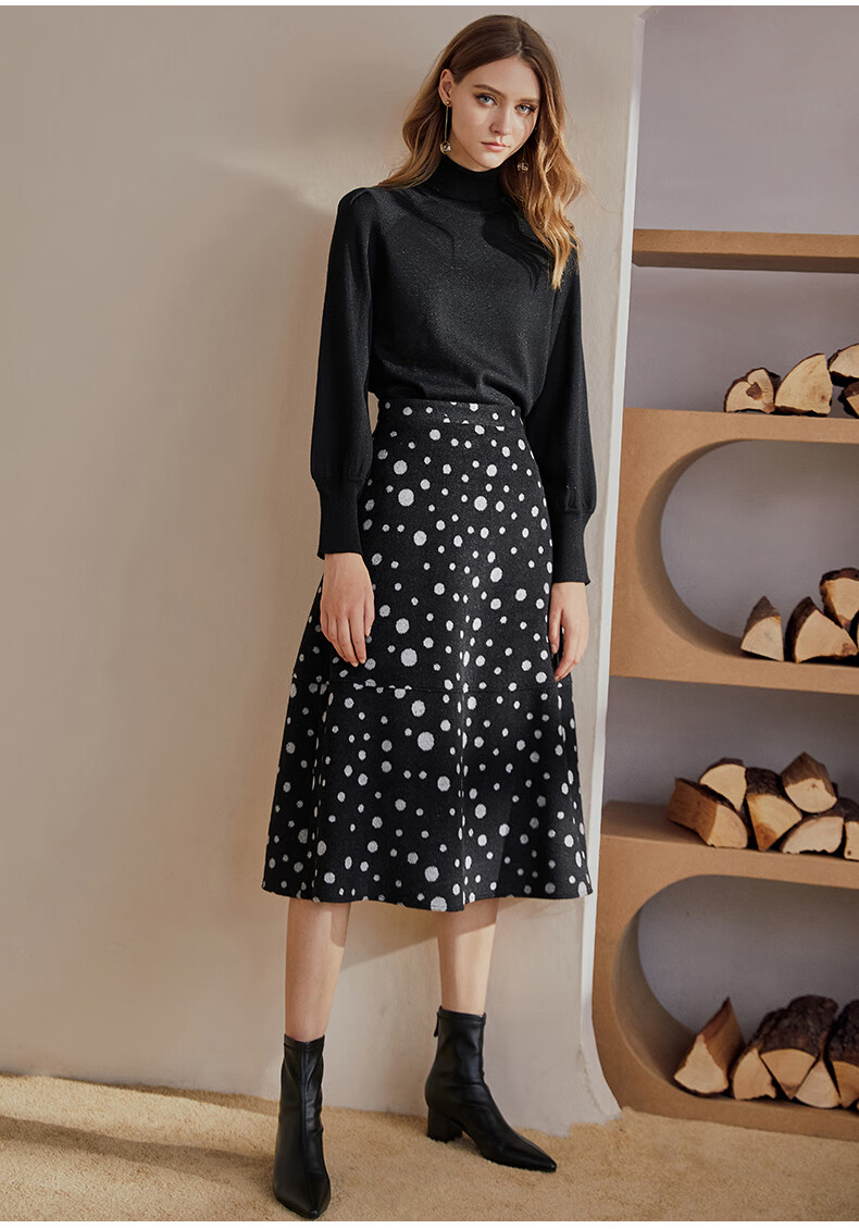 罗衣复古波点毛呢半身裙女冬装新款优雅大摆保暖中长裙03561波点m