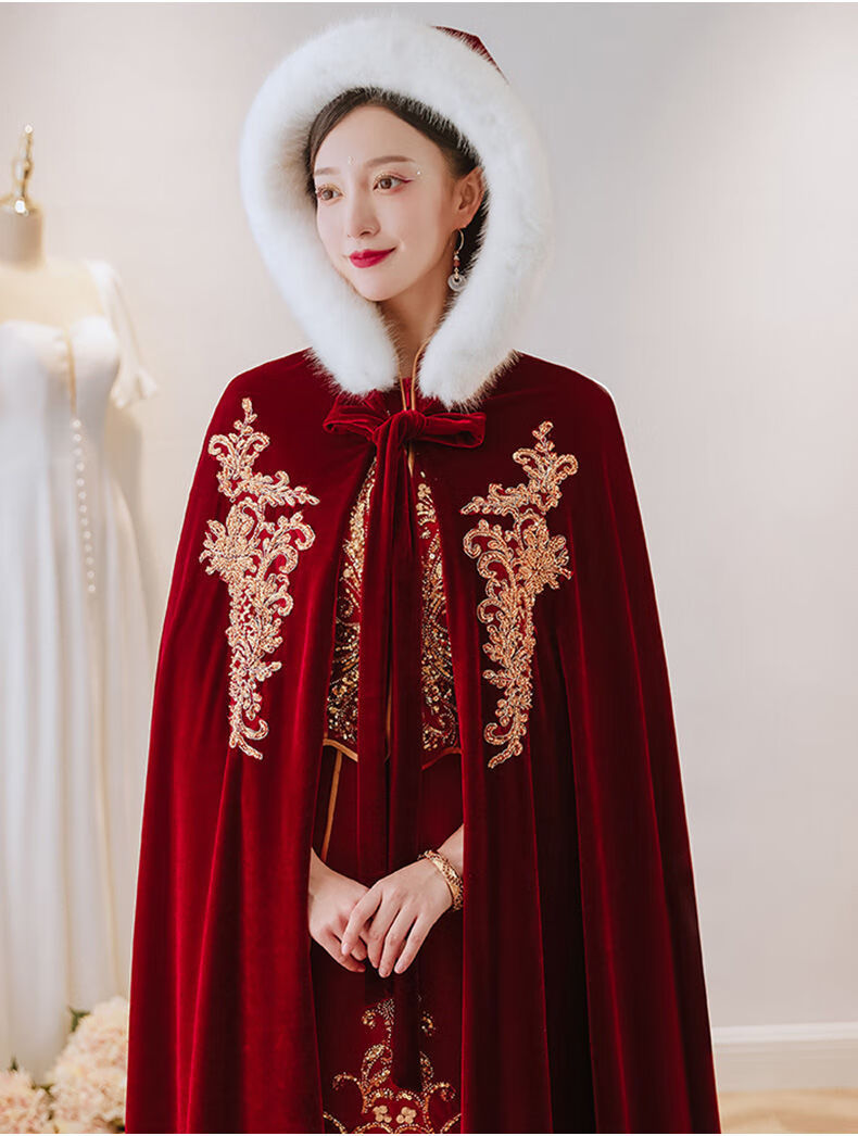 玺柠2020秀禾服披风红色冬季新款新娘中式婚礼毛披肩斗篷保暖加厚毛领