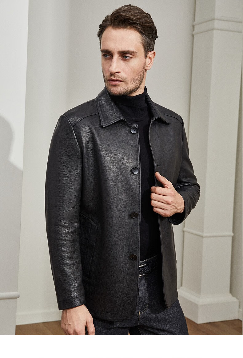 雪豹真皮皮衣男头层鹿皮秋季翻领中长款宽松单排扣商务休闲男士夹克