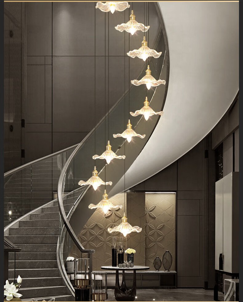 简纤楼梯吊灯欧式全铜轻奢别墅酒店复式楼简约北欧楼梯间旋转长吊灯铜