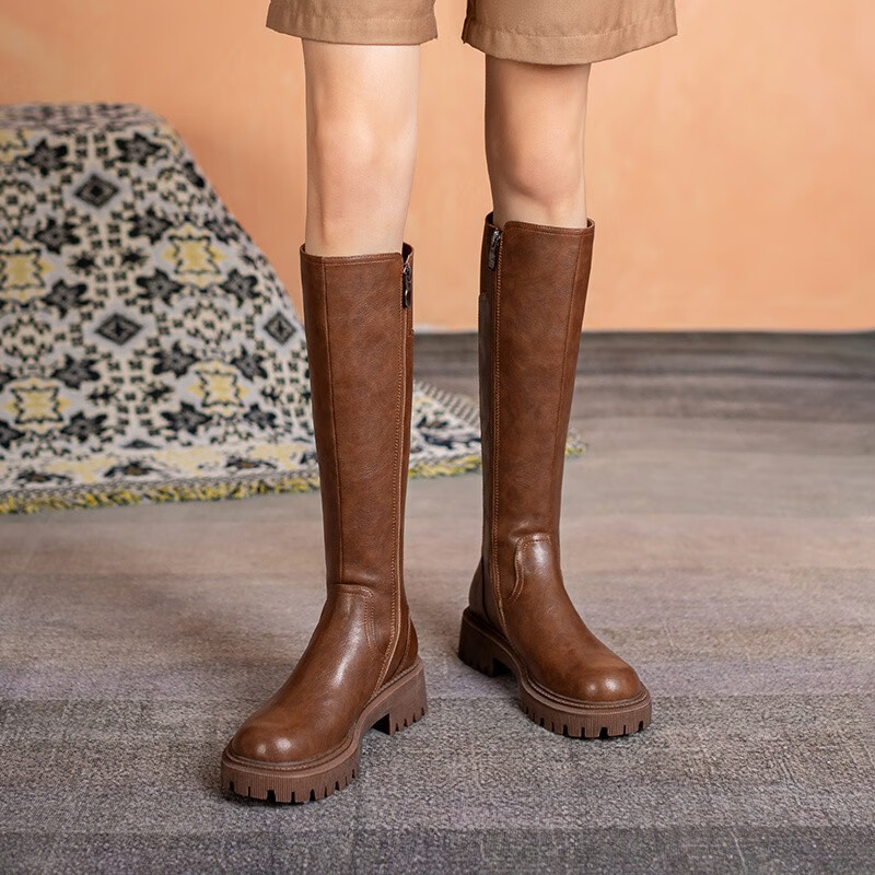 欧美直筒靴不过膝真皮厚底显瘦增高英伦烟筒靴长筒骑士靴女高筒靴黑色