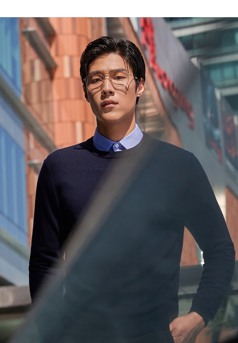 YOUNGOR [100% Wool] Autumn And Winter Men's Warm Business Casual Round Neck Sweater VYQW639994FYA, Navy Blue, S 7