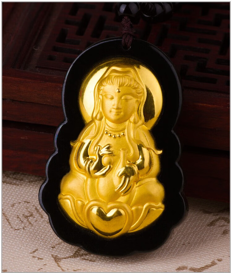 珠宝 黄金镶玉观音吊坠男 和田玉墨玉观世音菩萨玉坠足金镶嵌弥勒佛女