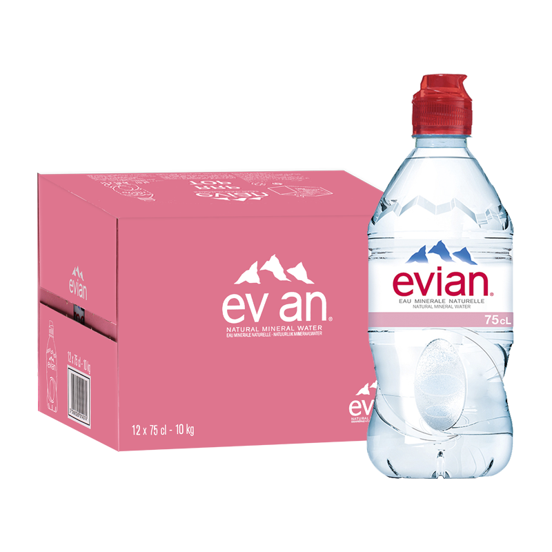 瓶整箱便携小瓶装弱碱性天然饮用矿泉水 依云750ml*12瓶运动瓶粉箱 箱