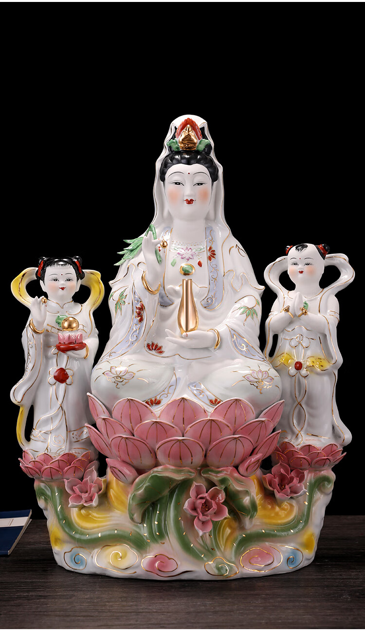 纯白南海观音菩萨佛像金童玉女观音居家装饰客厅摆件双童观世音 24寸