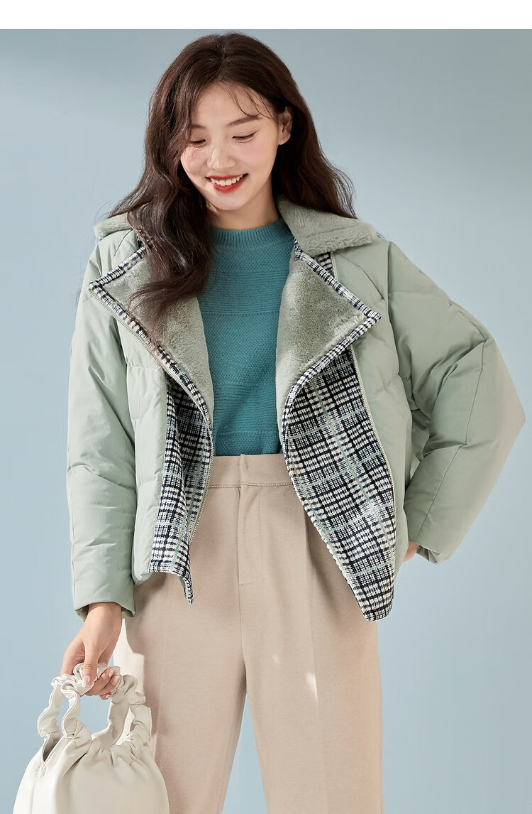 秋水伊人羽绒服冬装2020新款女装简约拼接格纹中长款毛领羽绒服女 果