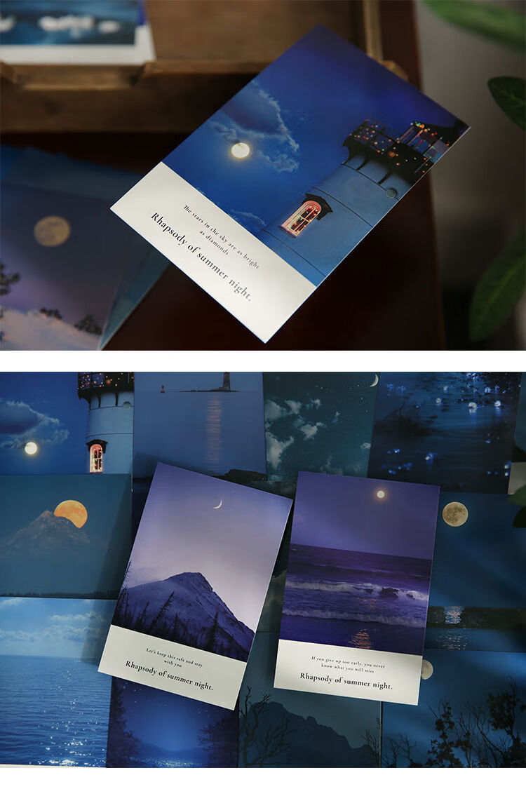 山川月色美景明信片 天空风景海洋文艺风景桌面装饰卡片 p 月生王国