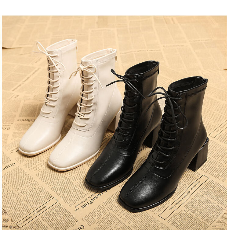女士半高跟半筒靴白色马丁靴女生秋冬款显瘦中跟高帮鞋系带英伦风短靴