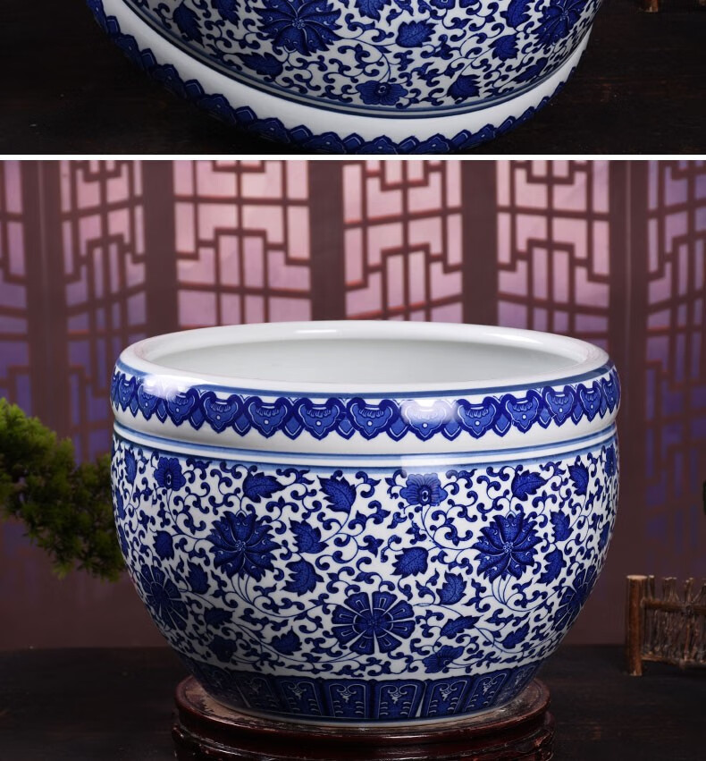 予乐陶景德镇陶瓷器青花瓷鱼缸水浅金鱼缸乌龟缸现代时尚家饰摆设中号