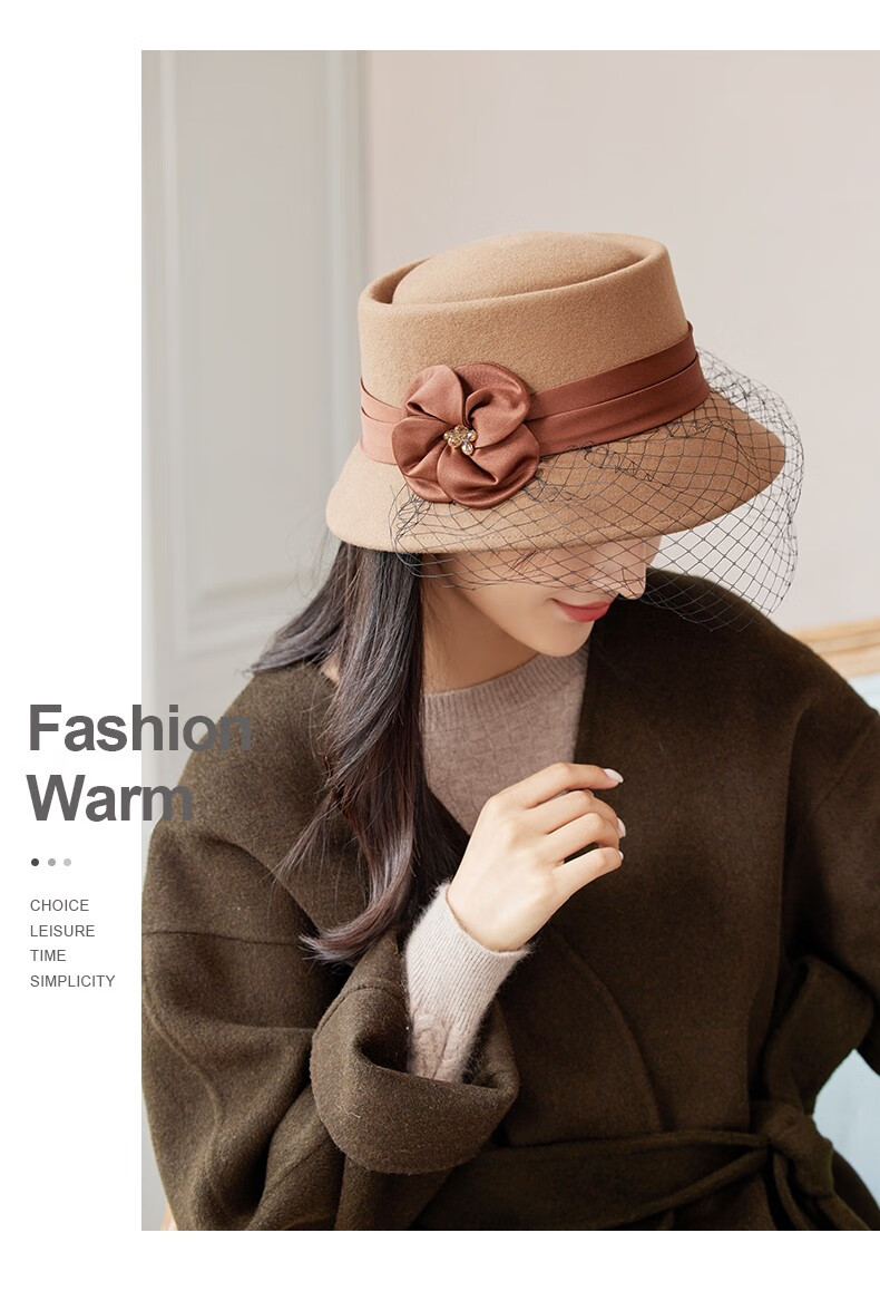 布塔英伦复古礼帽女优雅淑女网纱盆帽时尚百搭保暖羊毛呢毡帽黑色均码