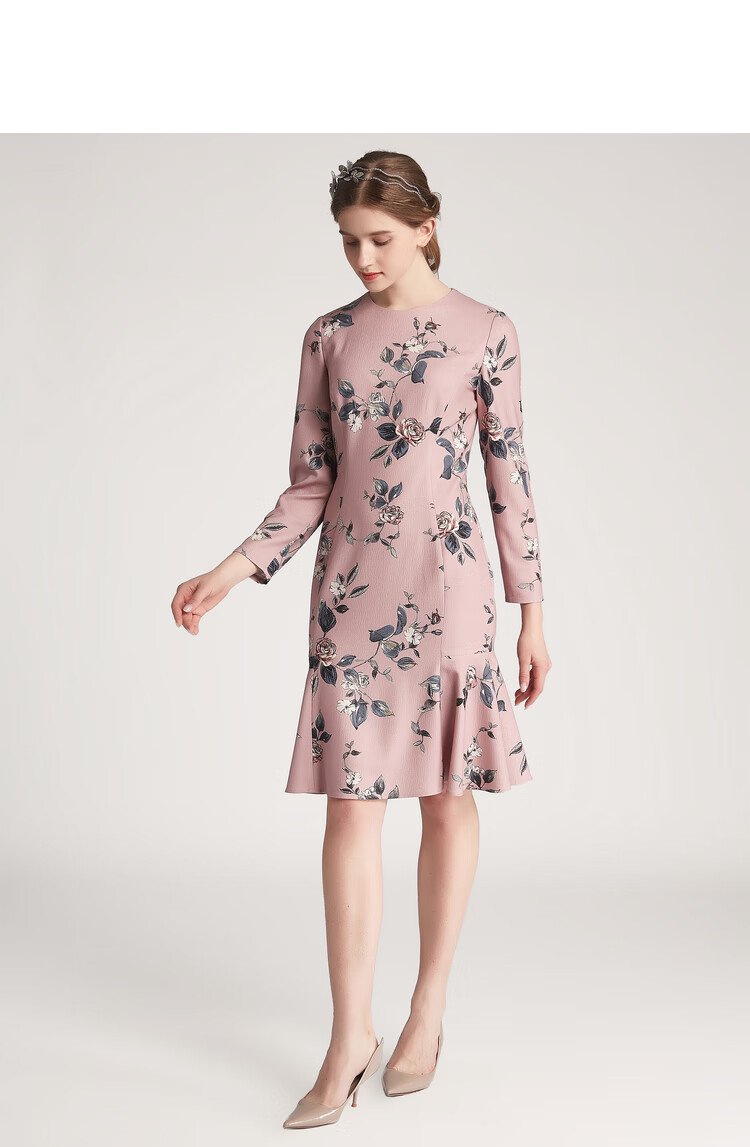 欧柏兰奴2021秋冬羊毛女装长袖印花收腰修身气质中长款连衣裙淑女优雅