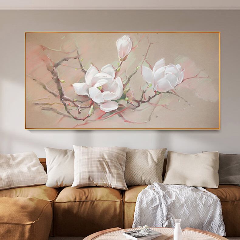 福艺良品玉兰花卉纯手绘油画横版客厅沙发背景墙装饰画别墅卧室餐厅墙