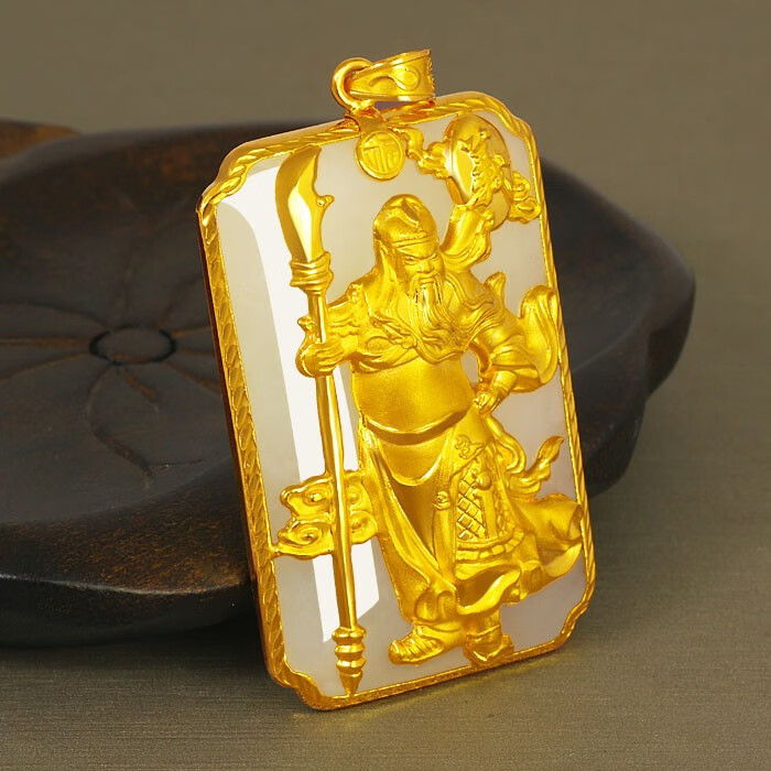 福韵瑞999足金黄金镶和田玉白玉墨玉关公吊坠玉牌关二爷拿刀男白玉款