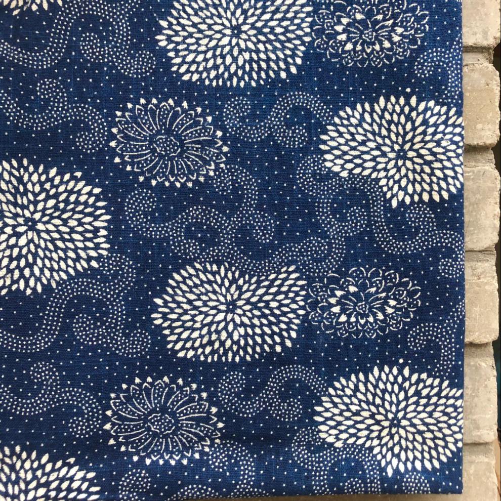 靛蓝染布料 日本蓝染古布花型植物靛蓝印花布拔染型染蜡染手工服装