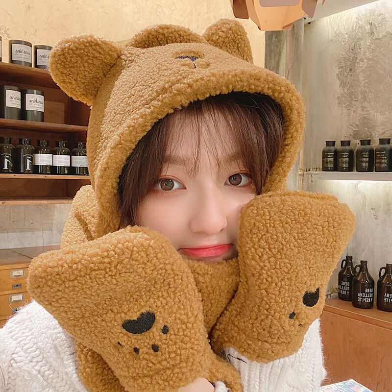 围巾冬季网红小熊围巾帽女保暖毛绒围脖学防风可爱帽子手套一体潮白色