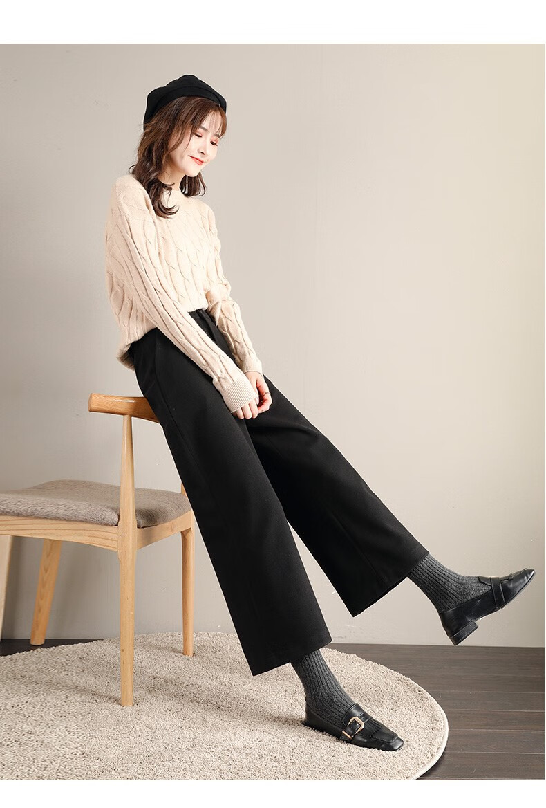 女士冬季阔腿裤八分裤女款秋季2020新款高腰垂感裤子宽松休闲裤毛呢九