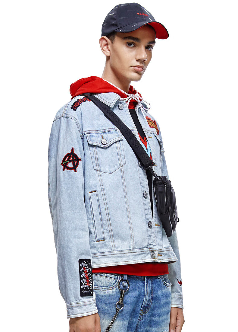 卡宾男装摇滚风牛仔夹克3193115001宽松休闲街头青年外套ins情侣h 粉