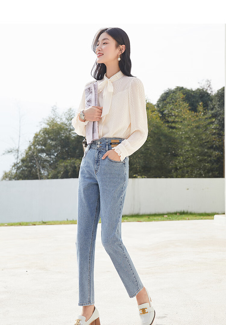 高腰显瘦牛仔裤女衣香丽影2022年春装小个子宽松直筒裤长裤子牛仔蓝m