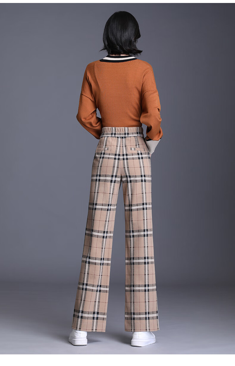 女式毛呢格子大脚裤2020秋冬新款高腰垂坠感时尚毛呢休闲裤直筒宽松大